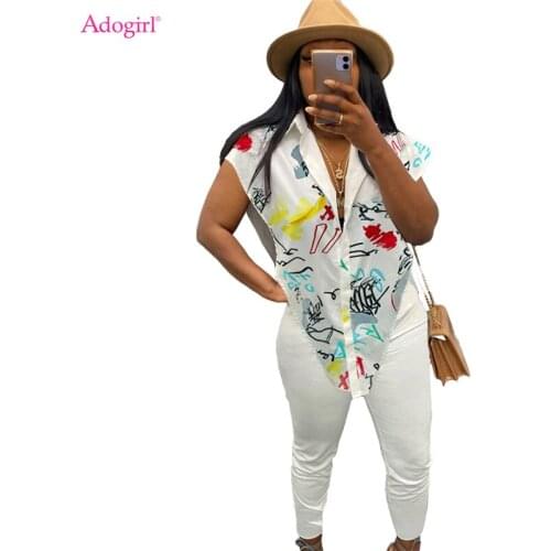 Adogirl 2 Piece Sets Women Summer Autumn Suit Fashion Print Asymmetrical Shirt Top Solid Pencil Pants Leggings Casual Outfits