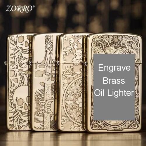 Zorro Brass ultra-thin kerosene lighter pure copper carved skull ddragon windproof grinding wheel personality men’s fashion