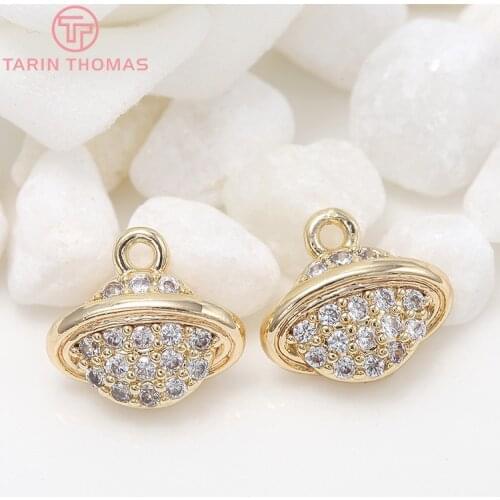 4PCS 8X10MM Hole 1.5MM 24K Gold Color Brass with Zircon Planet Charm Pendants for DIY Jewelry Making Findings Accessories