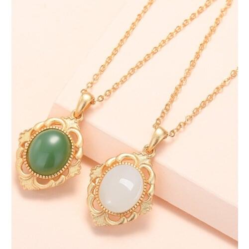 Lyvior Ancient Gold Cloud Pattern White Jade Necklace Retro Style Pendant Hollow Inlaid Jewelry 2Pcs/lot Fine Jewelry for Women