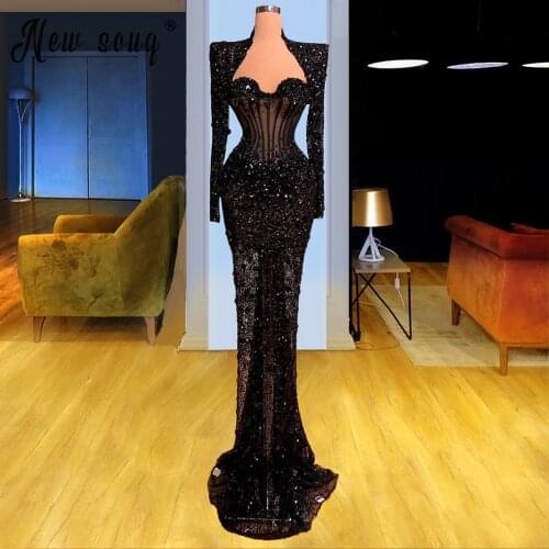 Muslim Black Long Sleeve Crystal Evening Dresses Sweetheart Mermaid Formal Gowns Vestido De Festa Arabic вечернее платье