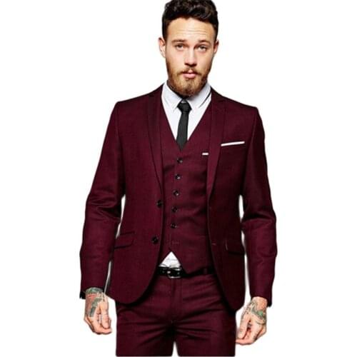 Custom Mens Suits New Design Men Wedding Groom Formal Blazer Two Buttons Burgundy Tuxedo Jacket 3 Pieces Costume Homme