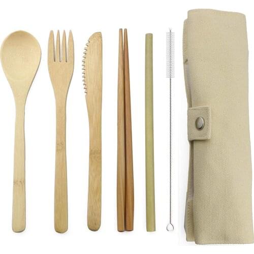 6pcs Suit Portable Cutlery Travel Eco-friendly Fork Spoon Set Include Reusable Bamboo Slice Chopsticks Straw Cleaning Brush Bag