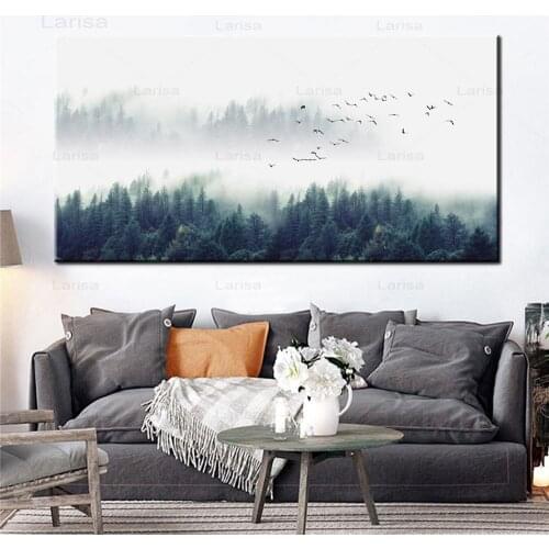 Foggy Forest Landscape Canvas Painting Nordic Poster and Print Long Banner Wall Art Decor Picture for Living Room Home Decor