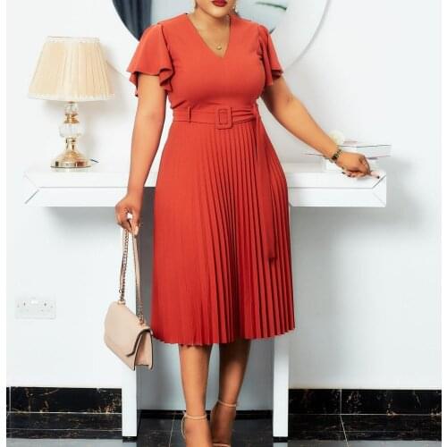 2021 New Summer Short Sleeve V-Neck Pleated Midi Dress Plus Size African Dresses For Women Elegant Africa Ladies Clothing