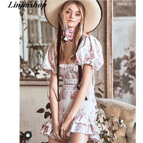 Boho loveshackfancy autumn dress beige short sleeve ruffles slim holiday ins bloggers special interest mini dress women
