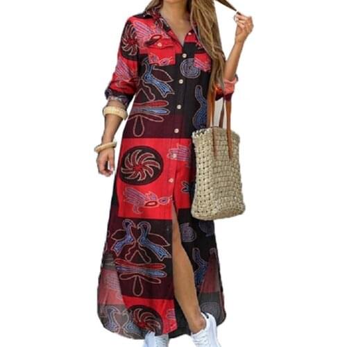 Summer Woman Dress 2021 Midi Dress Fashion Women Dress Single-breasted Long Sleeve Printed Loose Maxi Shirt Dress for Office
