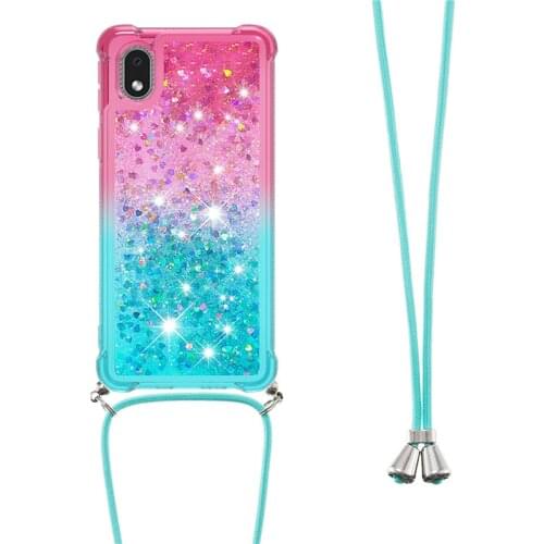 Clear Glitter Quicksand Phone Case For Samsung Galaxy A01 Core Crossbody Lanyard Necklace chain Dynamic Liquid Rainbow Cover
