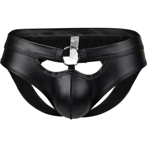 Sexy Men PU Leather Briefs Bulge Pouch Erotic Low Waist Open Butt Bikini Jockstrap Underpants Nightwear