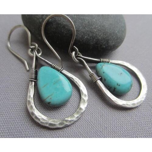 Silver Turquoise water drop earrings hand wound silk retro creative hammering Earrings