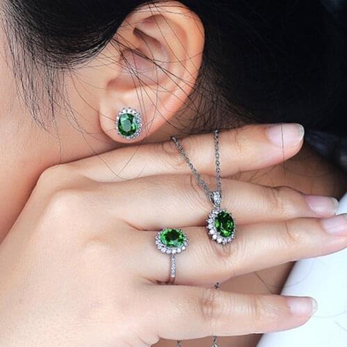 Silver Oval Emerald Jewelry Set Green Tourmaline Earrings Ring For Women Flower Shaped Pendant Necklace Wedding Gift