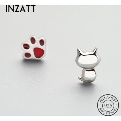 INZATT Asymmetry Red Enamel Glossy Cut Stud Earrings For Women Party Punk Accessories Fine Jewelry 925 Sterling Silver Cute Gift