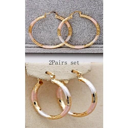 2 Pairs Trendy Gold Pink Plated Copper Round Hoop Earrings For Women Girls Fashion Jewelry Accessories Birthday Wedding Gift