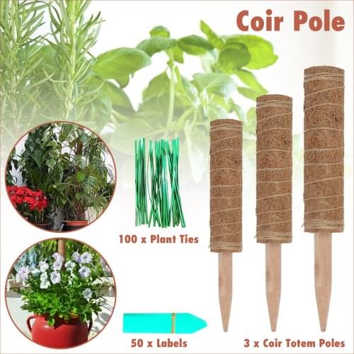 3PCS Coir Moss Stick Coir Totem Pole with 100 Plant Ties 50 Labels for Creepers Climbing Plants Support Extension 12+16+20in