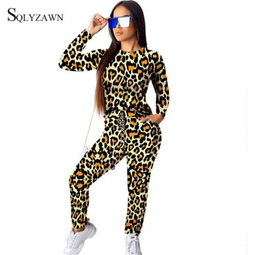 Streetwear Leopard Print Womens Two Piece Set Autumn Long Sleeve Sweat Shirt Top and Jogger Pants Female Matching Casual Outfit