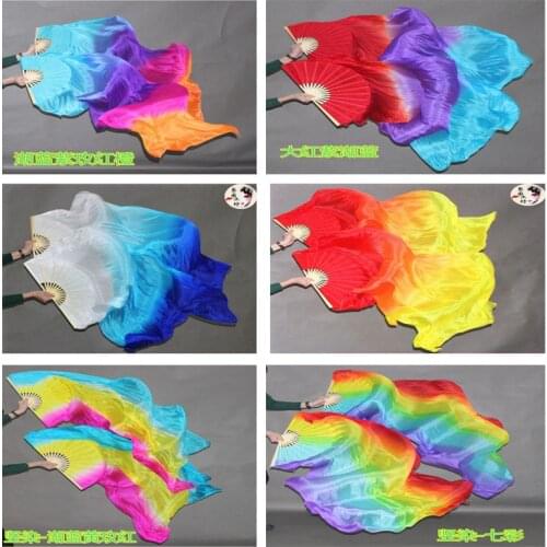 Fashion Belly Dance Silk Fan Veils 100% Real Silk Long Silk Fans Handmade Gradient Color Dance Fan 1Pair(1L+1R) Customized color
