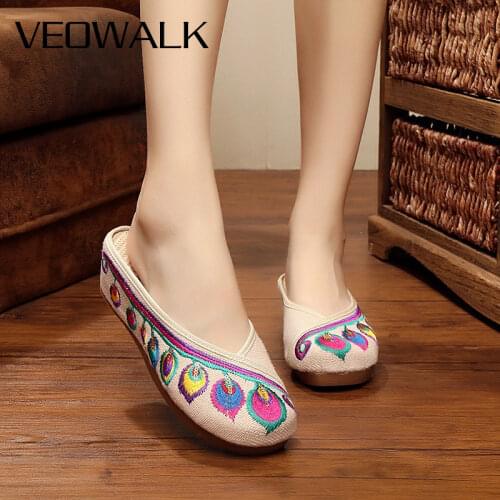 Veowalk Summer Woman Casual 5cm Wedges Slippers Cotton Flower Embroidery Women Medium Heel Sandal Shoes Platforms Zapatos Mujer