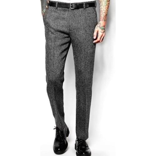 Spring Autumn Vintage England Style Thick Wool Gray Woolen Suit Pants Slim Fit Straight Twill Trousers Large Size B1