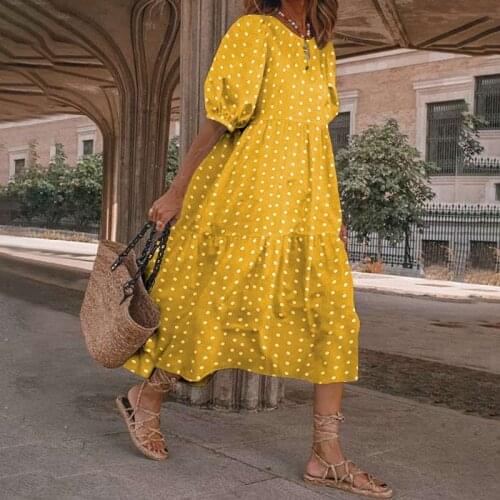 Vintage Dress WomenSundress Puff Sleeve Polka Dot Printed Summer Dress 2021 VONDA Casual Vestidos Plus Size Robe Femme