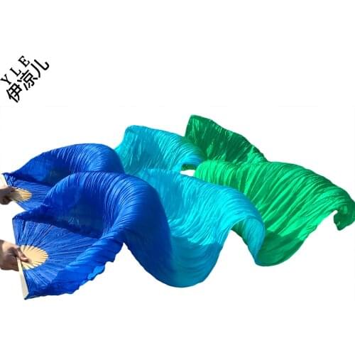 High selling 100% Real Silk Veils 1 Pair handmade women Quality Silk Belly Dance Fan Dance royal blue+turquoise+ green