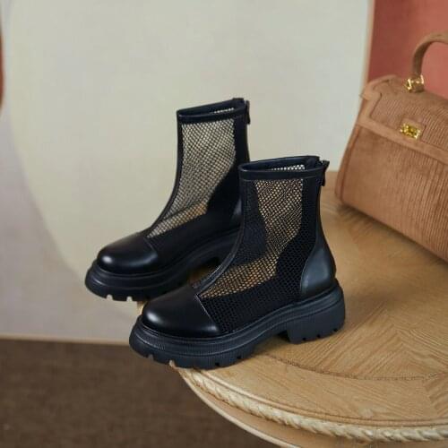 2021 Cool Boots Genuine Leather Mesh Zipper Female Pumps Spring Summer Round Toe Square High Heel Women Shoes Size 34-40