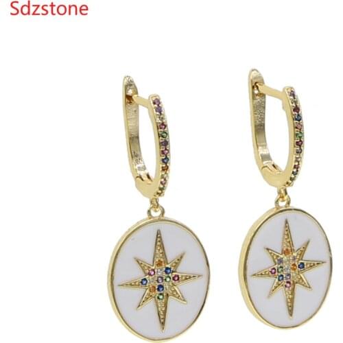 Boho Gold Color White Enamel North Star Dangle Earrings Starburst Celestial Huggie Earcuffs Dainty Bridal Cartilage Earring
