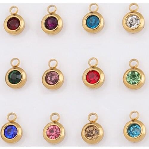 12pcs/lot Gold Color Colorful Crystal Birthstone Charms Stainless Steel Round Rhinestones Charms 6.5mm Jewelry Accessories