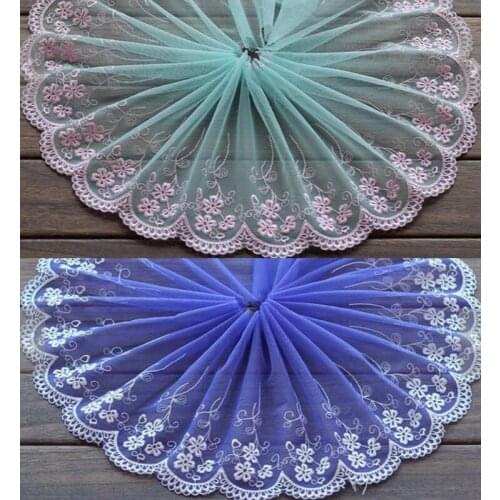 2 Yards Lace Trim Pink Flowers Floral Embroidered Cyan Tulle Lace 7.48 Inches Wide
