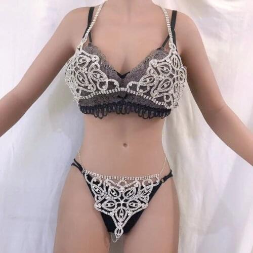 2021 dazzling new flower crystal Bikini Bra Set luxury underwear chain buckle bra underwear Rhinestone underwear set jewelry