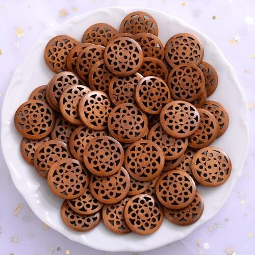 25mm 30Pcs Round Shape Brown Wooden Buttons 2 Holes Hollow Flower Pattern Buttons Scrapbooking Garment DIY Apparel Accessories