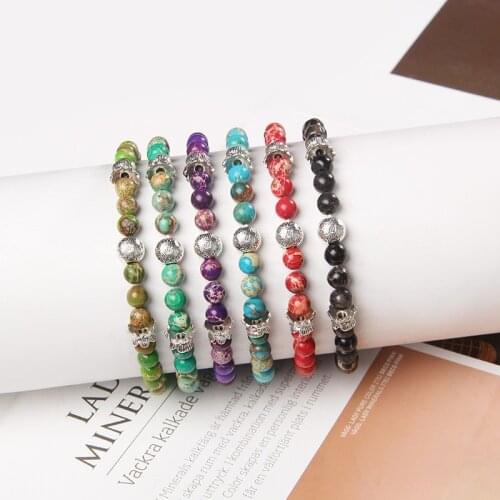 6MM Beaded Bracelet Alloy Ball Charm 6 Color Imperial jaspers Strand Beads Bangles For Women Men Vintage Ethinc Bracelet Jewelry
