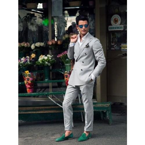 ANNIEBRITNEY Grey Double Breasted 2 Piece Men Formal Suit High Quality Groom Wedding Tuxedo Prom Wedding Grey Suit With Pants