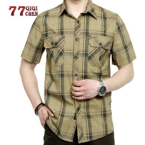 Army Military Shirt Men 2020 Summer 100% Cotton Brand Plaid Short Sleeve Mens Shirts Plus Size 4XL 5XL Camisa masculina