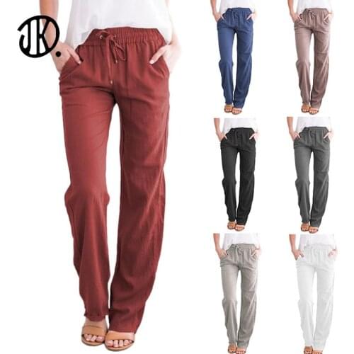 Female Drawstring Wide-Leg Pant For Female Solid Color Summer Loose Cotton Linen Pants Casual Pocket Oversize 3XL Long Trousers