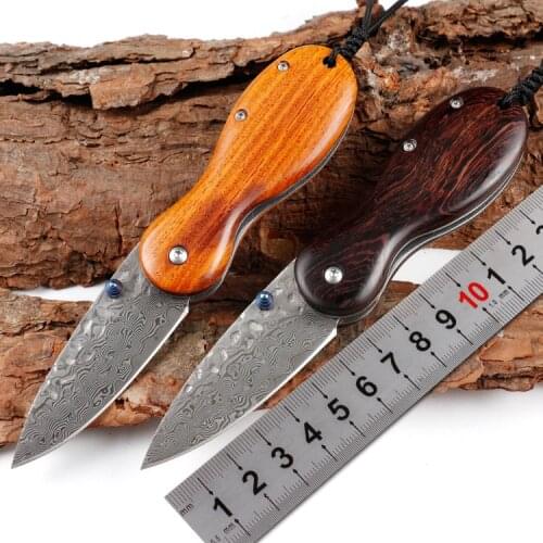 Sandalwood Damascus outdoor small folding knife mini pocket folding knife camping self-defense survival gift cutter
