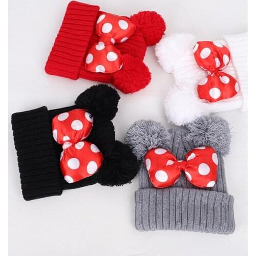 Autumn and Winter New Childrens Knitted Hat Mickey Cute Baby Wool Ball Ear Protection Warm Hats Thickened Hood