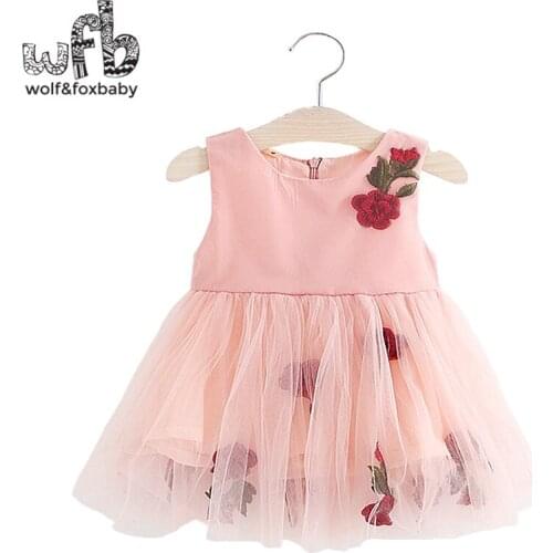 Retail 1-3 year sleeveless girl dress children summer Ribbon Embroidery Flowers