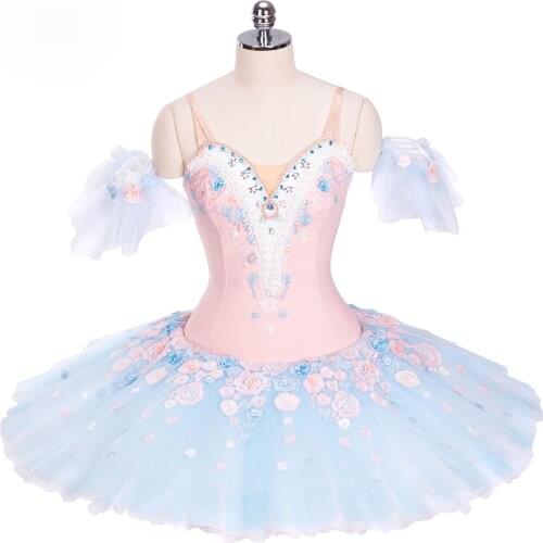 FLTOTURE High Quality Blue Pink Classical Ballet Pancake Tutu Skirt 10 Layers Custom Made Ballet Flower Fairy Stage Costumes