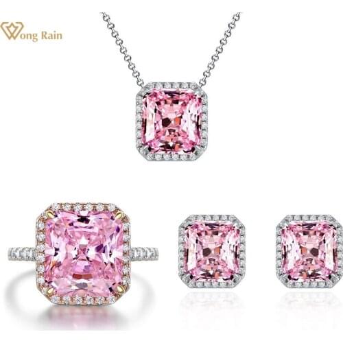 Wong Rain 925 Sterling Silver 10*11 MM Pink Created Moissanite Gemstone Ring/Earrings/Pendant/Necklace For Women Jewelry Set