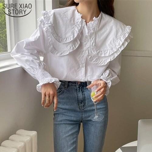 Korean Chic Turn Down Collar Ruffled Woman Blouses Tops White Long Sleeve Shirt Women Loose Casual Fashion Clothing Blusas 13905