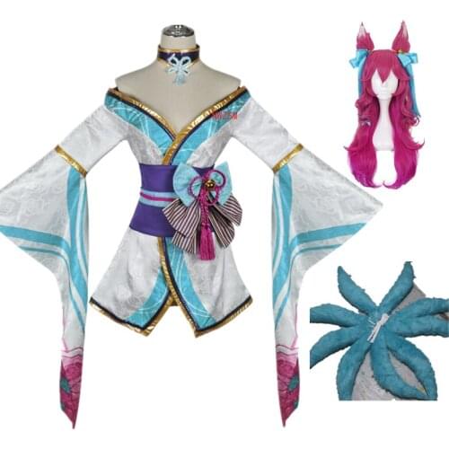 LOL Spirit Blossom Ahri Cosplay Costume Wig with Ears Headwear for Halloween Party