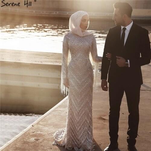 Muslim Long Sleeve Diamond Luxury Evening Dresses 2020 Silver Tassel Beading Evening Gowns Serene Hill LA60855