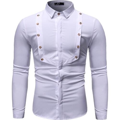 Mens Slim Fit Shirt Double Breasted Decor Blouses Long Sleeve Button Front