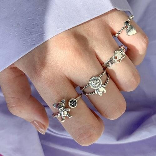 GANXIN 2021 New Hot Geometric Open Ring Retro Ancient Silver Color Chains Hollow Punk Jewellery Adjustable Star Rings for Womens