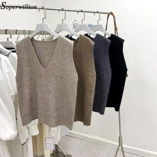 Solid Knit Sweater Vest Female Sleeveless Knitted Pullover Women Short Loose Korean Style Autumn Winter Black Oversize Fashion