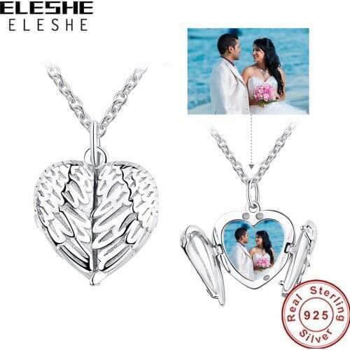 ELESHE Trendy 100% 925 Sterling Silver Heart Angel Wings Pendent Necklace for Women Custom Photo DIY Jewelry
