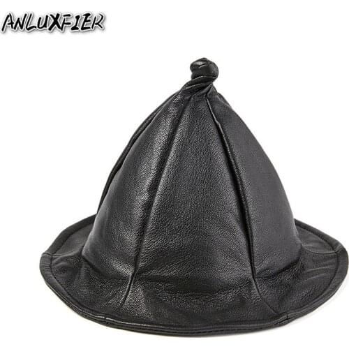 R020 Witches Hats Spring and Autumn Warm Hats Black Leather Basin Caps Sheepskin Fisherman Hat of Leather Mens Hat