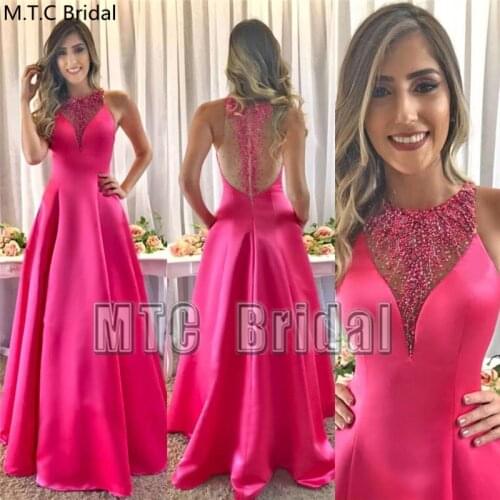 Fuchsia Luxury Crystal Long Evening Dress Sheer Back A Line Plus Size Satin Formal Dresses Customize Women Prom Party Gowns