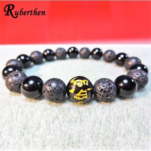 Ruberthen 10mm Natural Lava Black Tourmaline Bracelet Tibetan Buddish Yoga Mala Bracelet Best Men`s Energy Bracelet