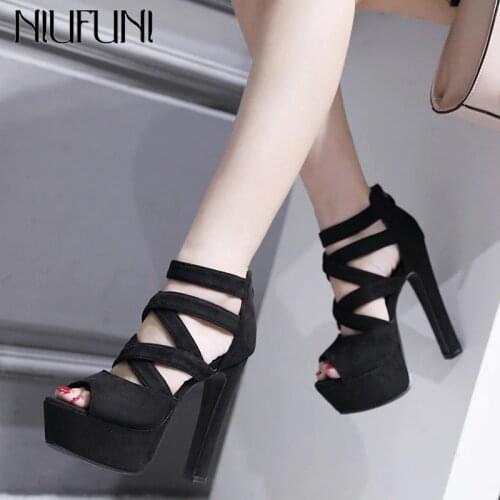 NIUFUNI 2020 Summer Women Gladiator Sandals 14CM Thick High Heels Platform Cross Strap Women Sandals Peep Toe Shoes Woman
